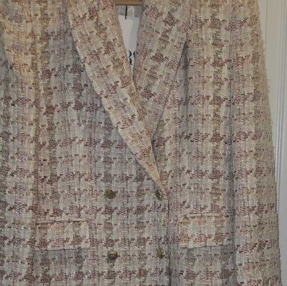 Zara Double Breasted Tweed Blazer Jacket Houndstooth  Siz LGold Buttons Two Fr - Picture 10 of 15